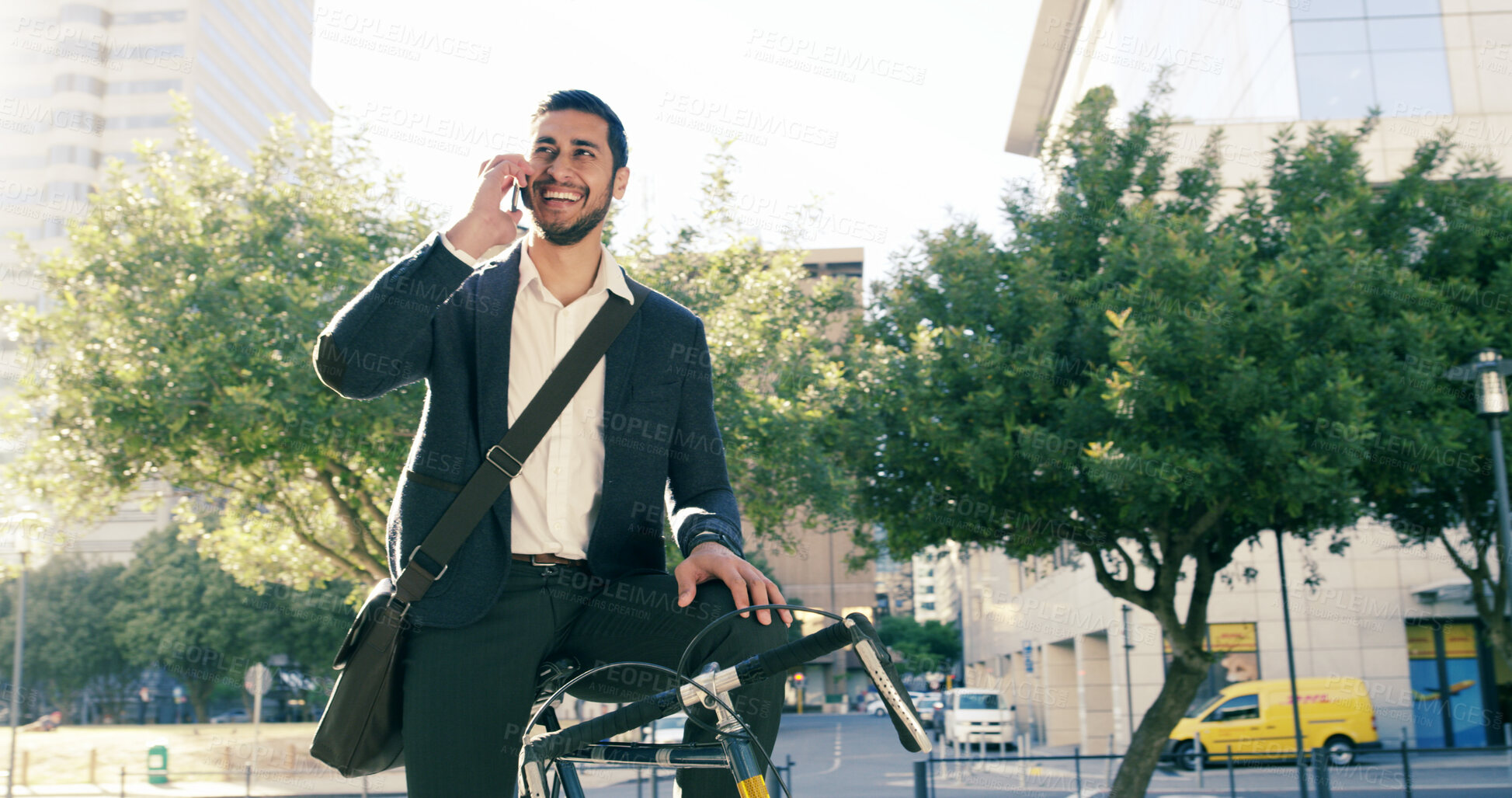 Buy stock photo City, cycling and phone call with business man outdoor for communication or travel to work. Bike, carbon footprint and contact with happy employee person in urban town for inspiration or update