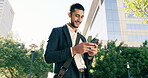 Corporate, man and walking with phone in city for real estate, viewings research and morning commute. Smile, male agent and mobile with commercial property, listings negotiation and online navigation