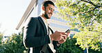 Happy, businessman and walking with phone in city for social media, online communication or network connectivity. Man, tourist or traveler with smile on mobile smartphone for business app or commute