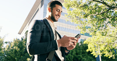 Buy stock photo Happy, businessman and walking with phone in city for social media, online communication or network connectivity. Man, tourist or traveler with smile on mobile smartphone for business app or commute