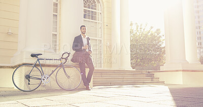 Buy stock photo Thinking, business man and bicycle in city for travel, sustainable transport and morning commute. Bike, cycling and employee outdoor on building with mobility innovation specialist planning solution