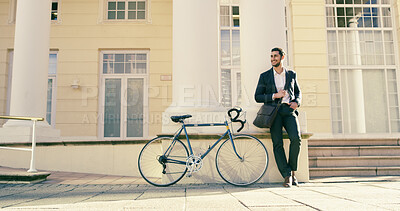 Buy stock photo Thinking, happy businessman or bicycle in city for travel, sustainable transport or vision for insight. Bike, cycling or worker outdoor on building or mobility innovation specialist planning solution