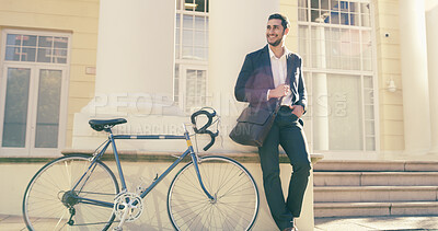 Buy stock photo Thinking, happy businessman or bicycle outdoor for travel, sustainable transport or vision for insight. Bike, cycling or worker in city on building or mobility innovation specialist planning solution