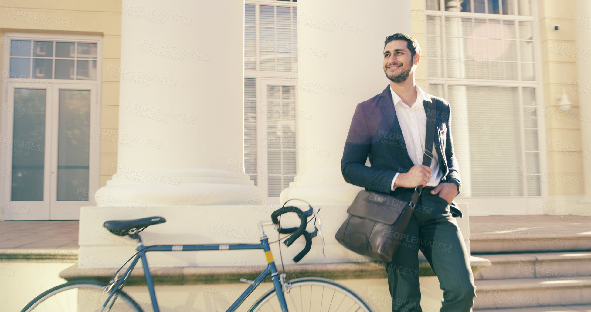 Buy stock photo Thinking, business man and bike in city for travel, vision or idea for sustainable transport. Bicycle, cycling and happy worker outdoor on building or mobility innovation specialist planning solution