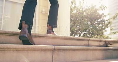 Buy stock photo Walking, shoes and business man in city for commercial real estate, corporate property developer and commute. Urban venture, closeup and travel with person on outdoor steps for company listing
