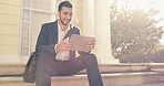 Break, steps and tablet with business man outdoor in city for career planning or job search. App, research and social media with happy corporate employee in urban town for hiring opportunity