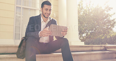 Buy stock photo Break, steps and tablet with business man outdoor in city for career planning or job search. App, research and social media with happy corporate employee in urban town for hiring opportunity