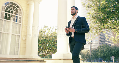 Buy stock photo Business, man and walking with phone of urban navigation, travel directions and schedule update. Male person, morning commute and mobile for online maps, journey information and negotiation as lawyer