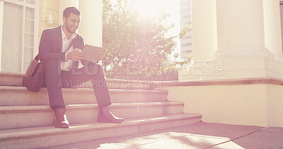 Buy stock photo Smile, steps and tablet with business man outdoor in city for career planning or job search. App, social media and stairs with happy corporate employee in urban town for recruitment research