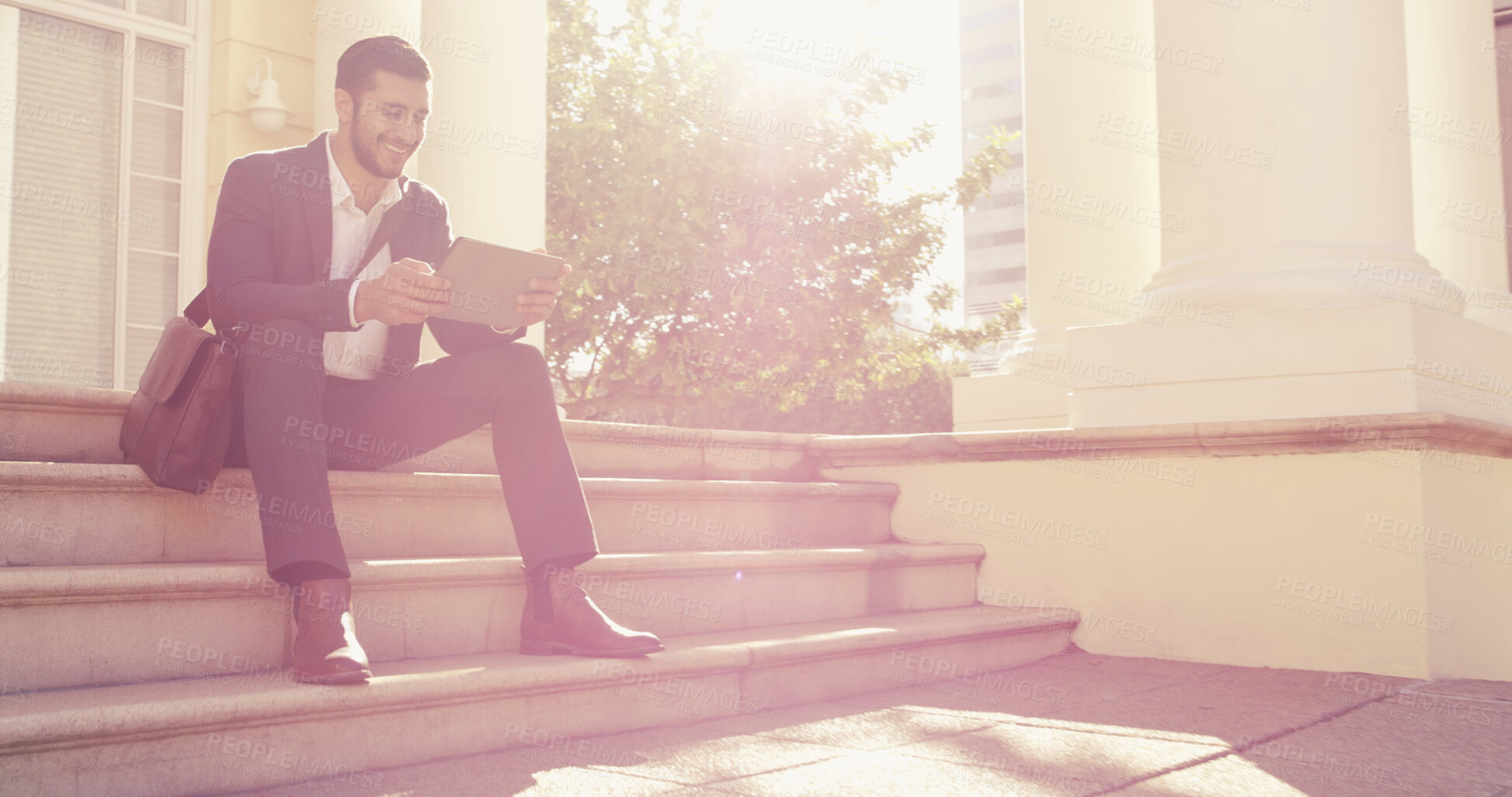 Buy stock photo Smile, steps and tablet with business man outdoor in city for career planning or job search. App, social media and stairs with happy corporate employee in urban town for recruitment research