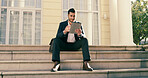 City, steps and tablet with business man outdoor for break, career planning or job search. App, research and social media with corporate employee on stairs in urban town for hiring opportunity