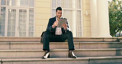 Buy stock photo City, steps and tablet with business man outdoor for break, career planning or job search. App, research and social media with corporate employee on stairs in urban town for hiring opportunity