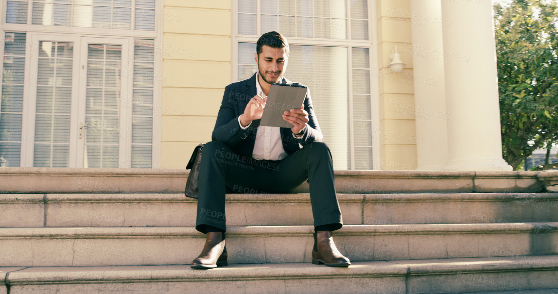 Buy stock photo City, steps and tablet with business man outdoor for break, career planning or job search. App, research and social media with corporate employee on stairs in urban town for hiring opportunity