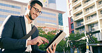 Happy, businessman or browsing with tablet in city for online investing, communication or network connection. Man, trader or investor with smile on technology for business, research or trading app
