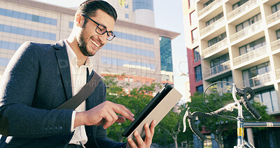 Buy stock photo Happy, businessman or browsing with tablet in city for online investing, communication or network connection. Man, trader or investor with smile on technology for business, research or trading app
