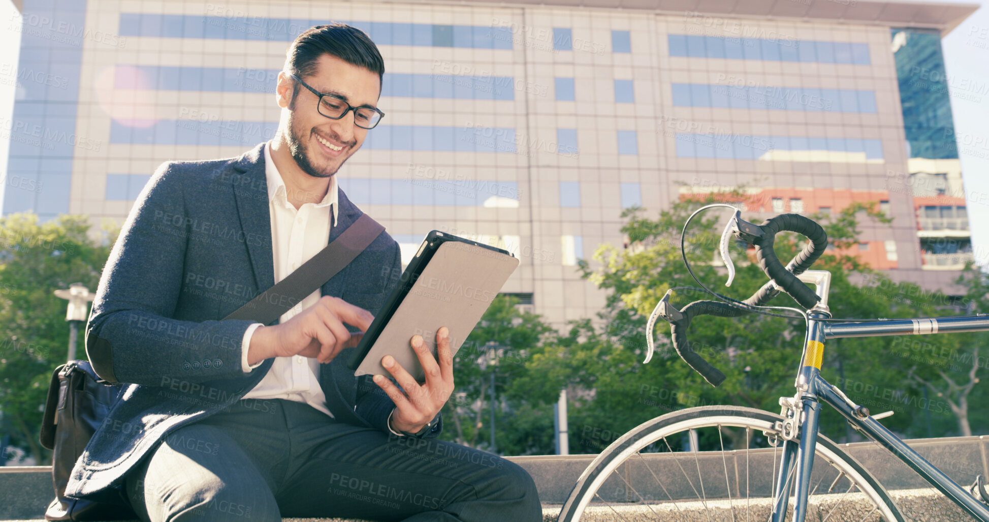 Buy stock photo Business, man and smile with phone of urban navigation, travel directions and schedule update. Male person, bicycle commute and mobile with online maps, journey information and negotiation as lawyer