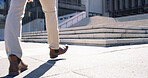 Walking, shoes and steps with business man in city for commercial real estate, corporate property developer and commute. Urban venture, closeup and travel with person outdoors for company listing