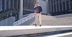 Walking, phone call and business man in city for commercial real estate, corporate property developer and client deal. Urban venture, professional and travel with person outdoors for company listing