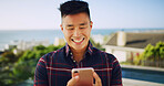 Outdoor, smile and Asian man with smartphone, typing and travel with hotel booking. Japanese person, traveller and guy with cellphone, digital app for activity schedule and social media with internet