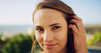 Portrait, relax and wellness with woman outdoor in nature for holiday, travel or vacation in summer. Peaceful, sunshine and quiet with satisfied tourist person in Australia for weekend getaway