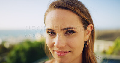 Buy stock photo Outdoor, portrait and woman with smile, vacation and summer holiday with adventure. Happy person, ocean and traveller with weekend break, mindfulness or explore with positive energy and nature