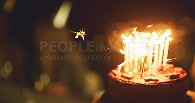 Buy stock photo Birthday party, cake and candles at night for celebration, event or social gathering closeup in dark. Dessert, flame and wish with chocolate tart outdoor in evening for delicious or unhealthy snack