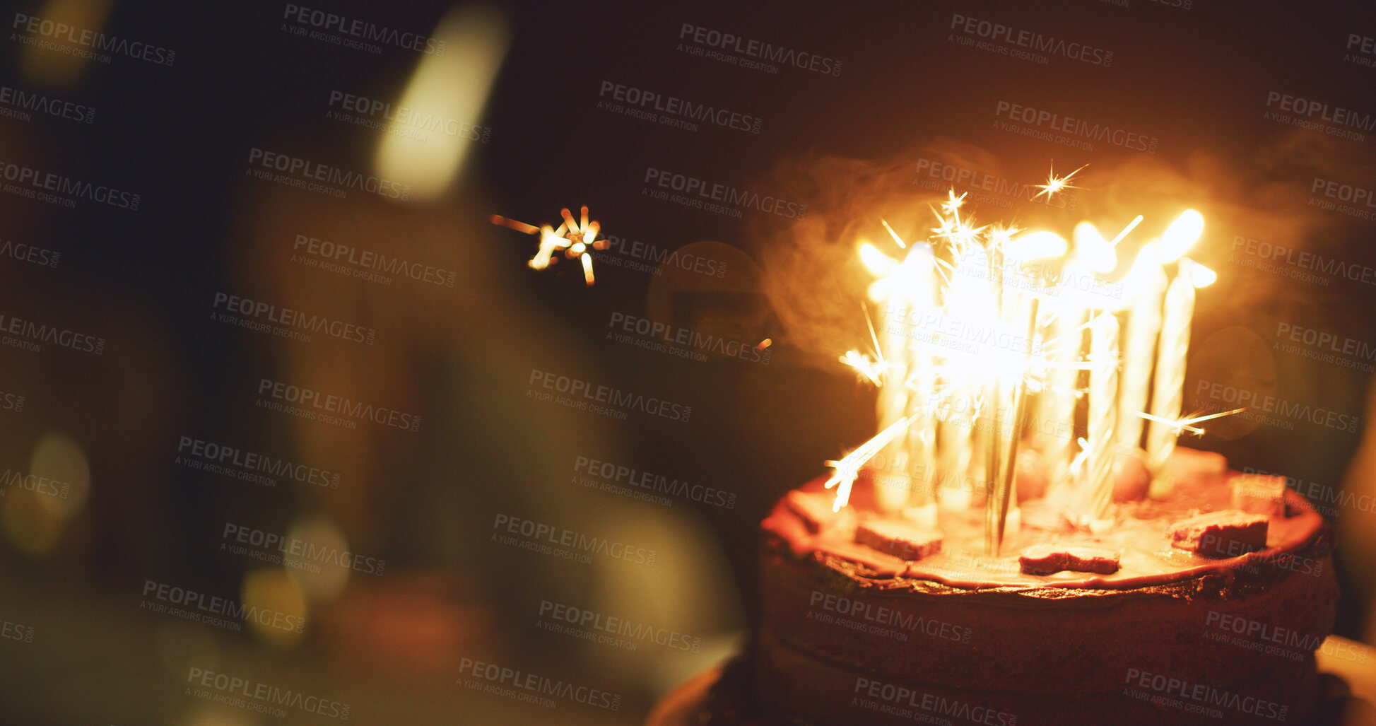 Buy stock photo Birthday party, cake and candles at night for celebration, event or social gathering closeup in dark. Dessert, flame and wish with chocolate tart outdoor in evening for delicious or unhealthy snack
