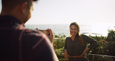 Buy stock photo Happy woman, photographer or balcony with ocean view for picture, memory or holiday vacation. Female person, relax and couple on terrace with smile for photography, post or weekend getaway in Bahamas