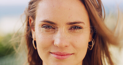Buy stock photo Portrait, wellness and windy with woman outdoor in nature for holiday, travel or vacation in summer. Hair, relaxing and sunshine with satisfied tourist person in Australia for weekend getaway