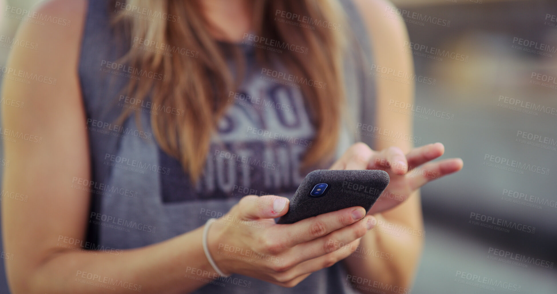 Buy stock photo Outdoor, hands and woman with fitness, smartphone and message to contact, social media and internet. Person, closeup and runner in street, cellphone and mobile app for progress, network or heart rate