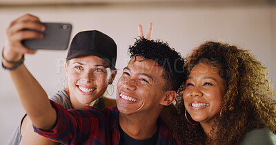 Buy stock photo Selfie, memory and group of friends with smile, bonding and dance students in post for social media. Gen z man, women and digital photography at creative college with dancer, happy team and fun face