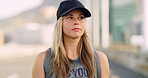 Bridge, dance and thinking with woman outdoor for hip hop choreography, performance or rehearsal. Cap, idea and vision with dancer person in city to search for location to practice urban routine