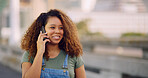 Happy woman, communication and city with phone call for conversation, discussion or friendly chat. Female person, tourist or traveler with smile on mobile smartphone for casual talk in an urban town
