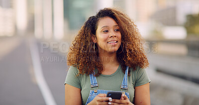 Buy stock photo Phone, vision and walking with woman on bridge in city to search map app for directions to location. Future, idea and thinking with happy African person outdoor in urban town for commute or travel