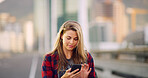 Typing, cellphone and woman in city, internet and message to contact, mobile app and journey. Outdoor, person and girl in street, smartphone and communication with commute, travel and adventure