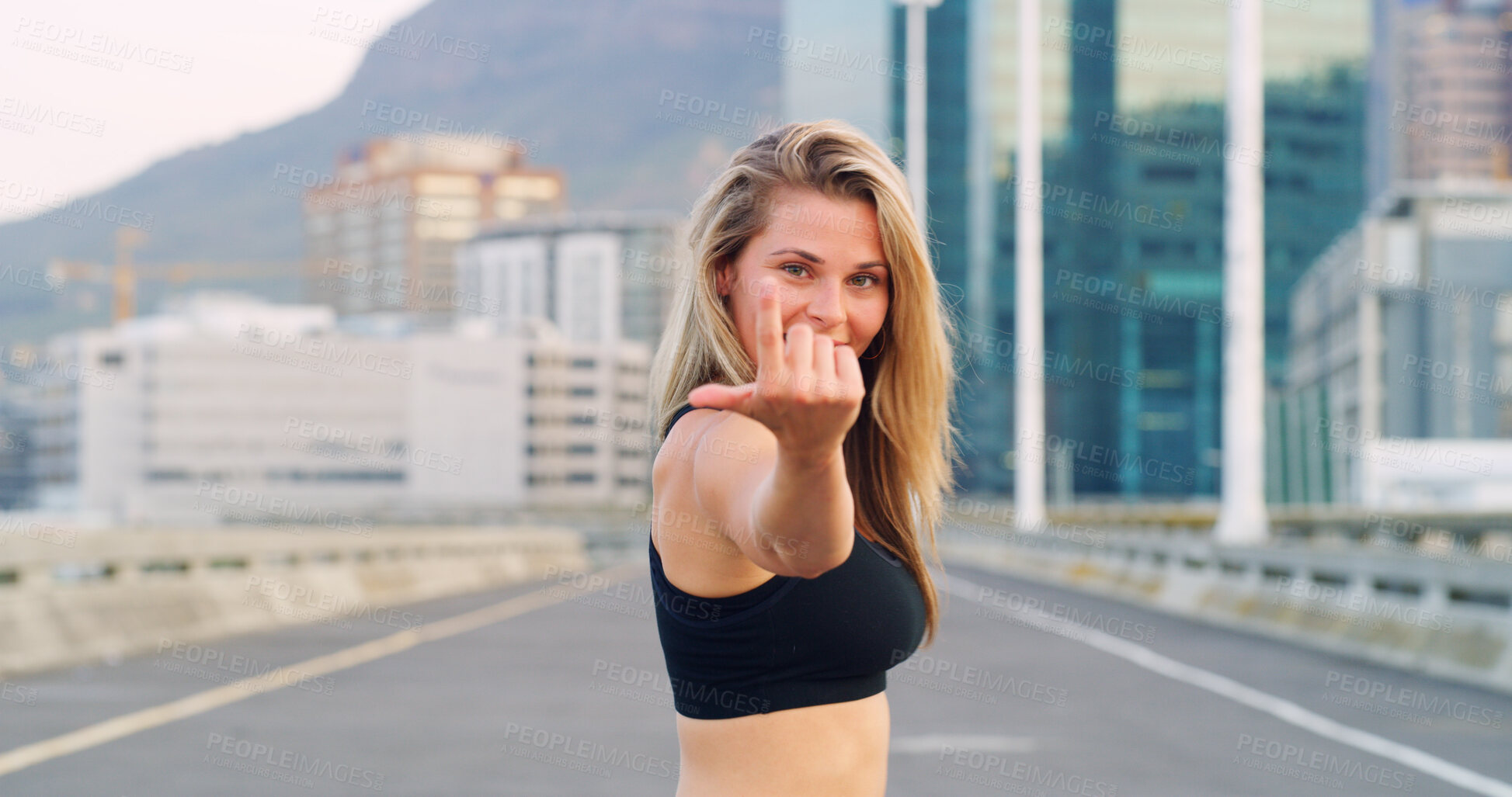 Buy stock photo Portrait, fitness and woman in city, hand gesture and motivation for challenge, confidence and health. Face, person and runner with support, invite and wellness with exercise goals or personal growth