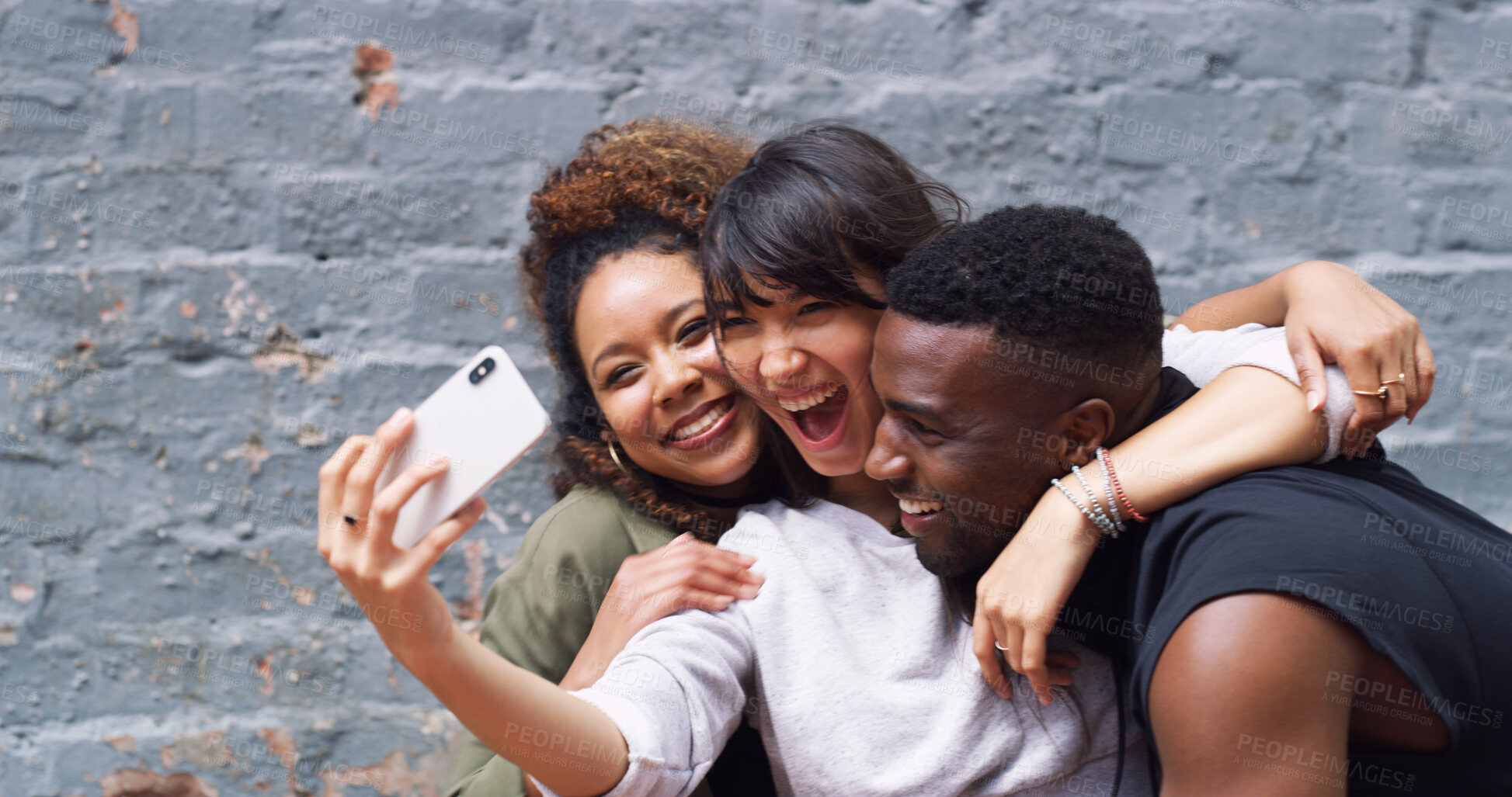 Buy stock photo Selfie, laughing and group of friends by wall in city for memory, social media or profile picture on holiday. Happy, goofy and young people with photography for reunion content creation vlog in town.
