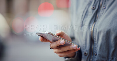 Buy stock photo Smartphone, browsing and hands of student, online and checking of email for application results or education. Outdoor, person and scroll for feedback from college, digital or waiting for notification