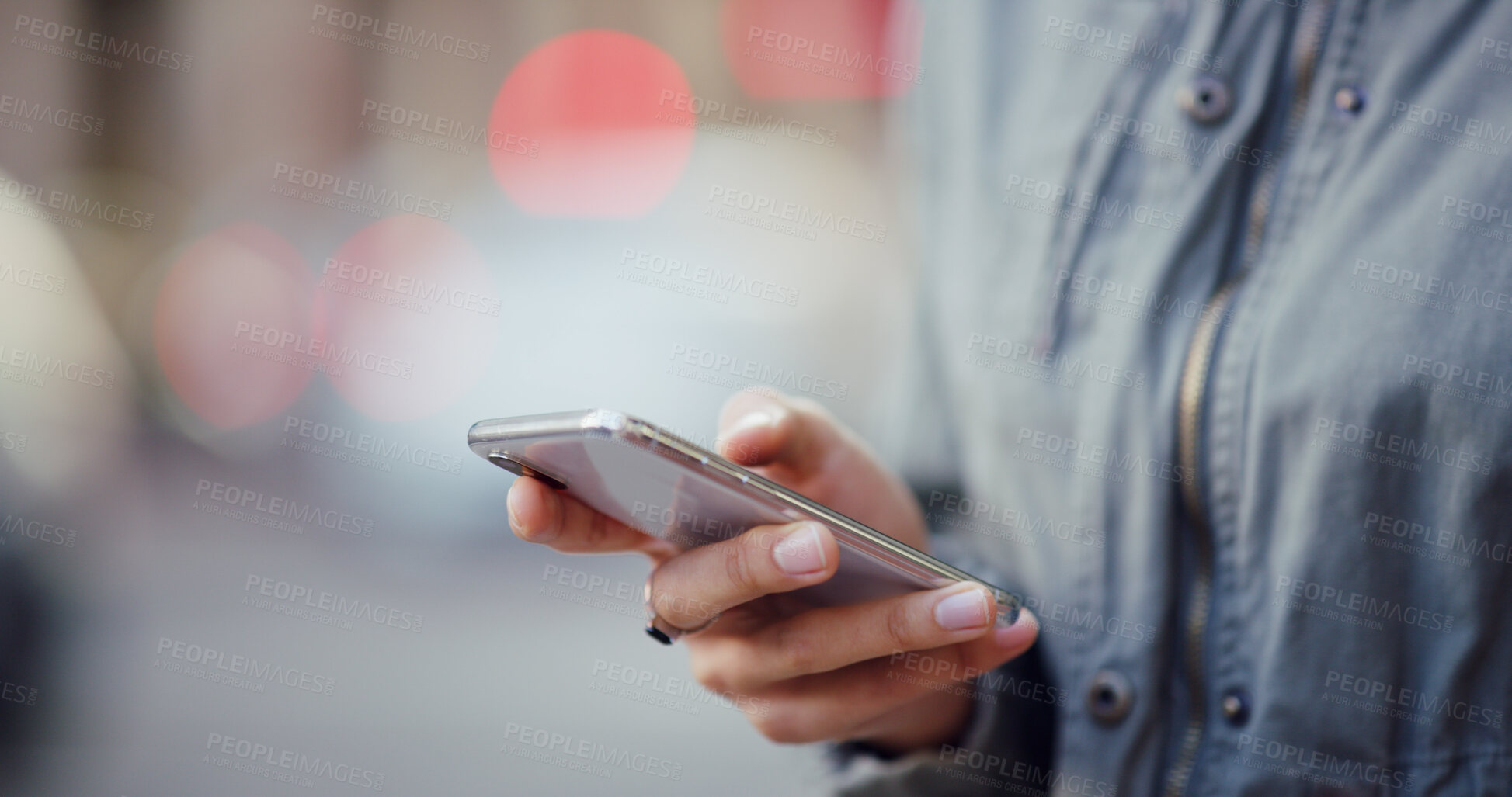 Buy stock photo Smartphone, browsing and hands of student, online and checking of email for application results or education. Outdoor, person and scroll for feedback from college, digital or waiting for notification