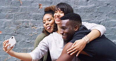 Buy stock photo Selfie, silly and group of friends by wall in city for memory, social media or profile picture on holiday. Happy, goofy and young people with photography for reunion content creation vlog in town.
