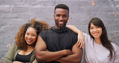 Buy stock photo Happy, hip hop and portrait with dancer people outdoor together on wall background for choreography. Artistic, creative and performance with smile of dancing friends in city ready for rehearsal