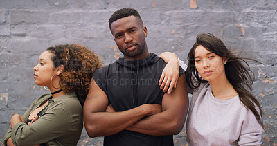 Buy stock photo Hip hop, serious and swag with dancer people outdoor together on wall background for choreography. Artistic, confidence and creative with group of dancing friends in city for performance rehearsal