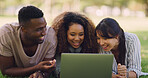 Students, laptop and happy friends study at park outdoor for learning, laugh or reading funny meme. Group, computer and education at university, research project or help people with test on internet