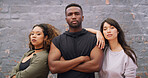 Attitude, hip hop and portrait with dance crew outdoor together on wall background for choreography. Artistic, creative and swag with group of serious dancer people in city for performance rehearsal