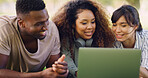 Students, laptop and friends study outdoor for learning, course discussion and cooperation. Happy group, computer and education at university, research project and help people with test on internet