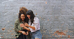 Excited, showing and friends with smartphone, notification or happy for acceptance to college or wall. Joy, women and student with results for application, success or email for registration to school