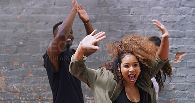 Buy stock photo Dance, portrait and group of friends at wall for energy, smile or winning college achievement. Diversity, man and women on campus with fun, creative dancer or university students in happy celebration