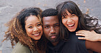 Comedy, hip hop and portrait with dancer people outdoor together on wall background for choreography. Artistic, creative and laughing with happy dancing friends in city for performance rehearsal