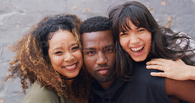 Buy stock photo Comedy, hip hop and portrait with dancer people outdoor together on wall background for choreography. Artistic, creative and laughing with happy dancing friends in city for performance rehearsal