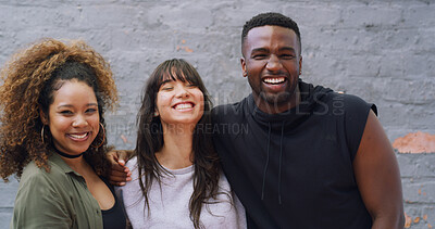 Buy stock photo Funny, hip hop and portrait with dancer people outdoor together on wall background for choreography. Artistic, creative and smile with dancing friends laughing in city for performance rehearsal
